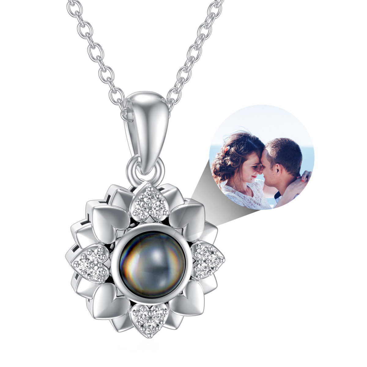 Sterling Silver Projection Stone & Personalized Projection Sunflower & Personalized Photo Pendant Necklace-1