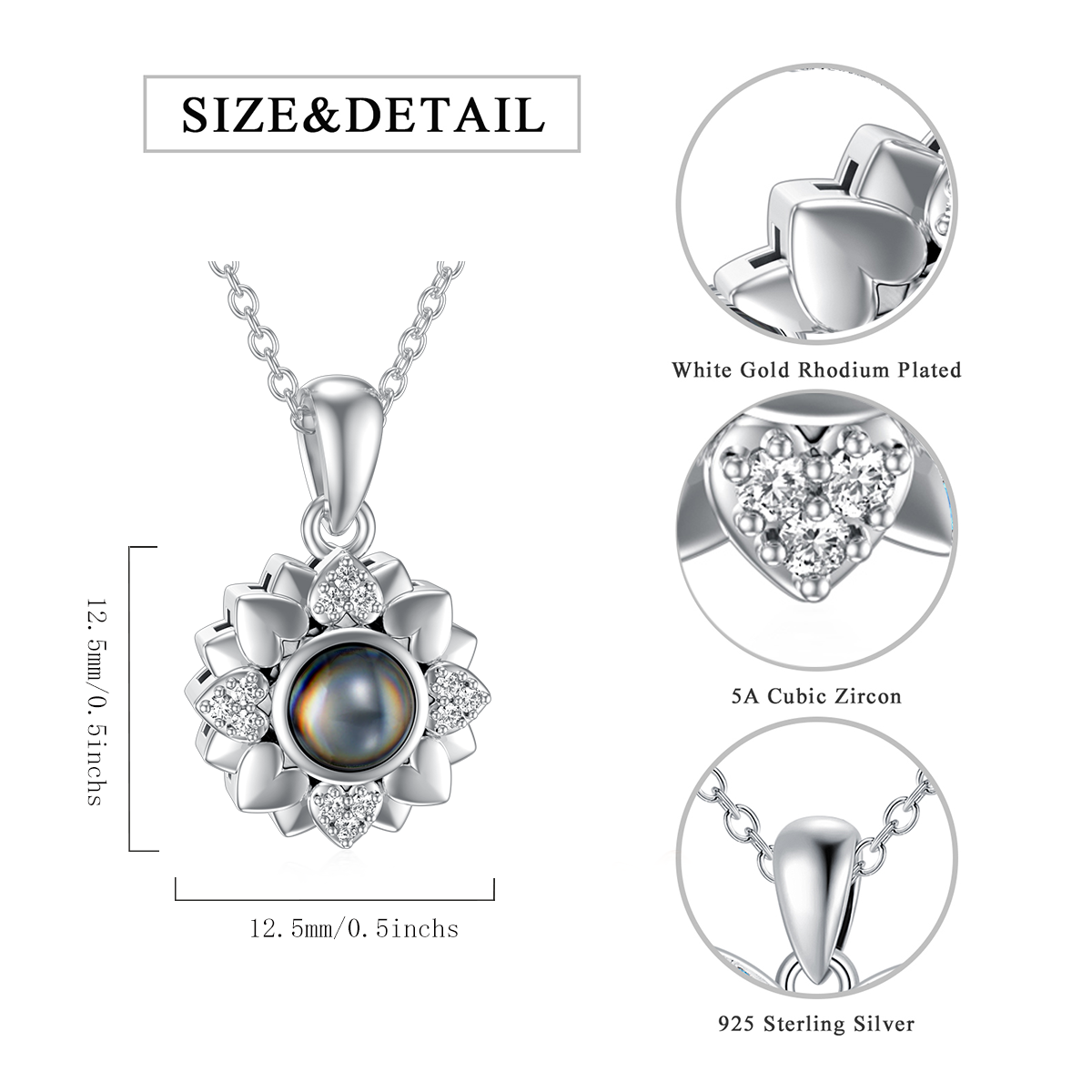 Sterling Silver Projection Stone & Personalized Projection Sunflower & Personalized Photo Pendant Necklace-4