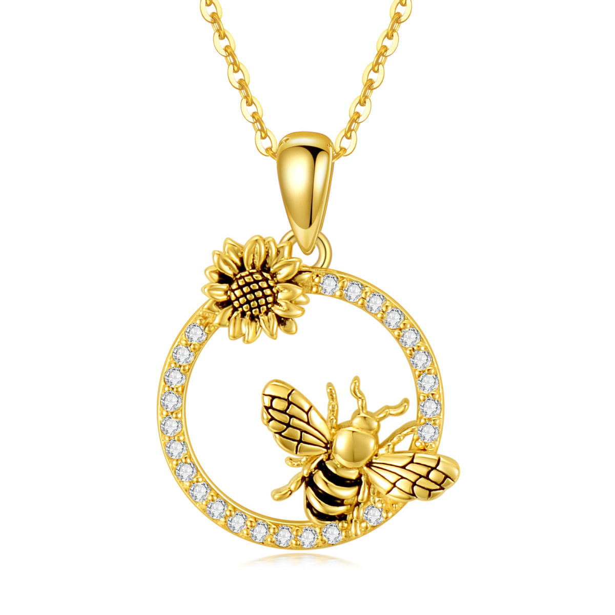 14K Gold Cubic Zirconia Bee & Daisy Pendant Necklace-1