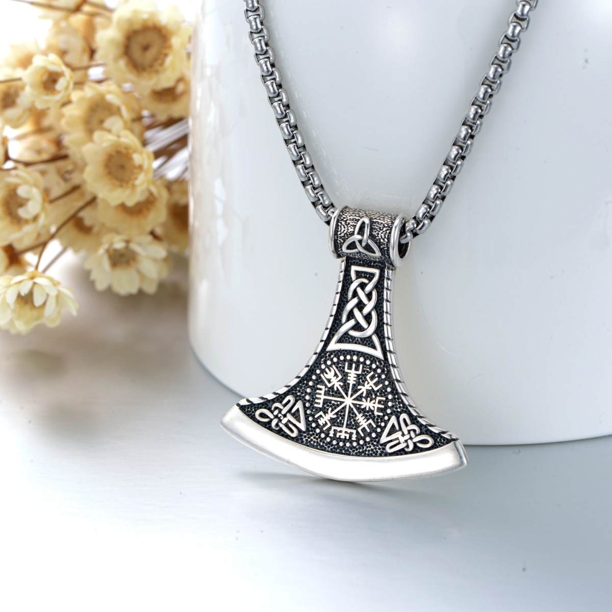 Sterling Silver Viking Rune Pendant Necklace-4