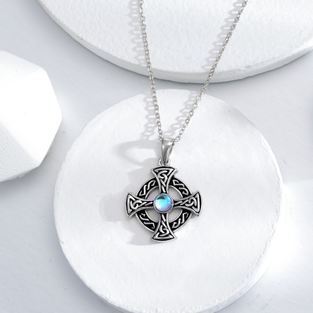 Collier en argent sterling avec pendentif nœud celtique et croix en pierre de lune ronde-3