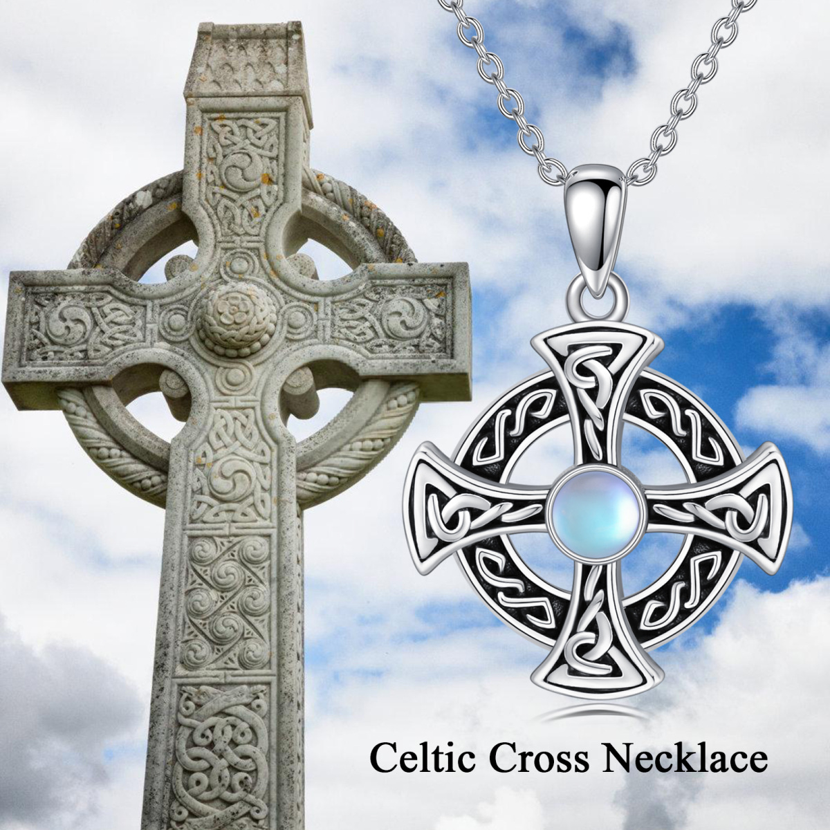 Sterling Silver Round Moonstone Celtic Knot & Cross Pendant Necklace-6