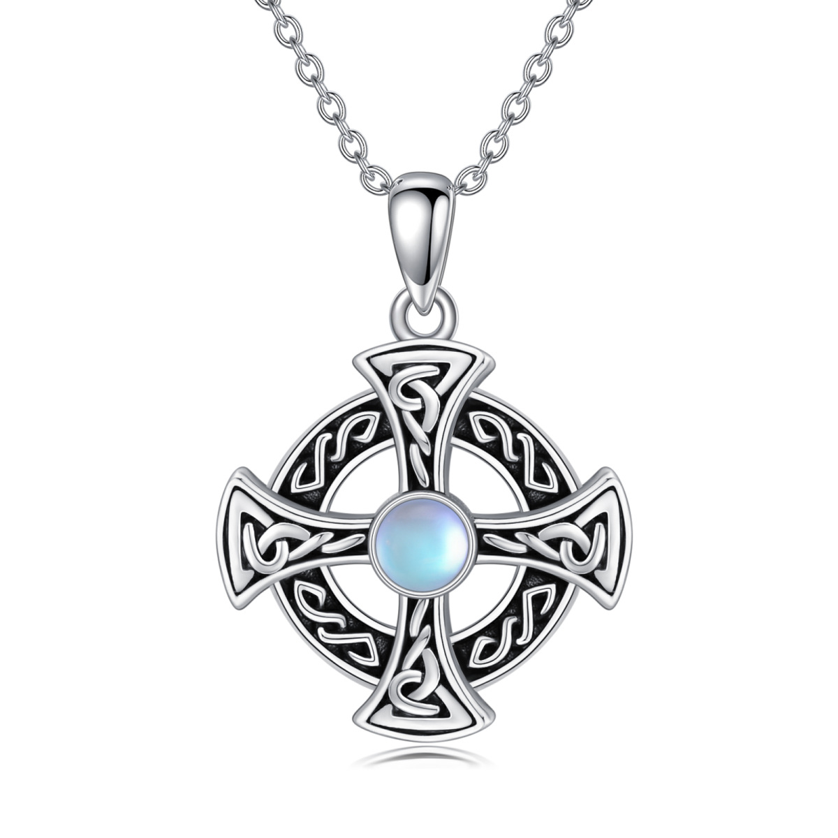Sterling Silver Round Moonstone Celtic Knot & Cross Pendant Necklace-1