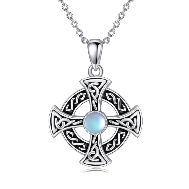 Sterling Silver Round Moonstone Celtic Knot & Cross Pendant Necklace-0