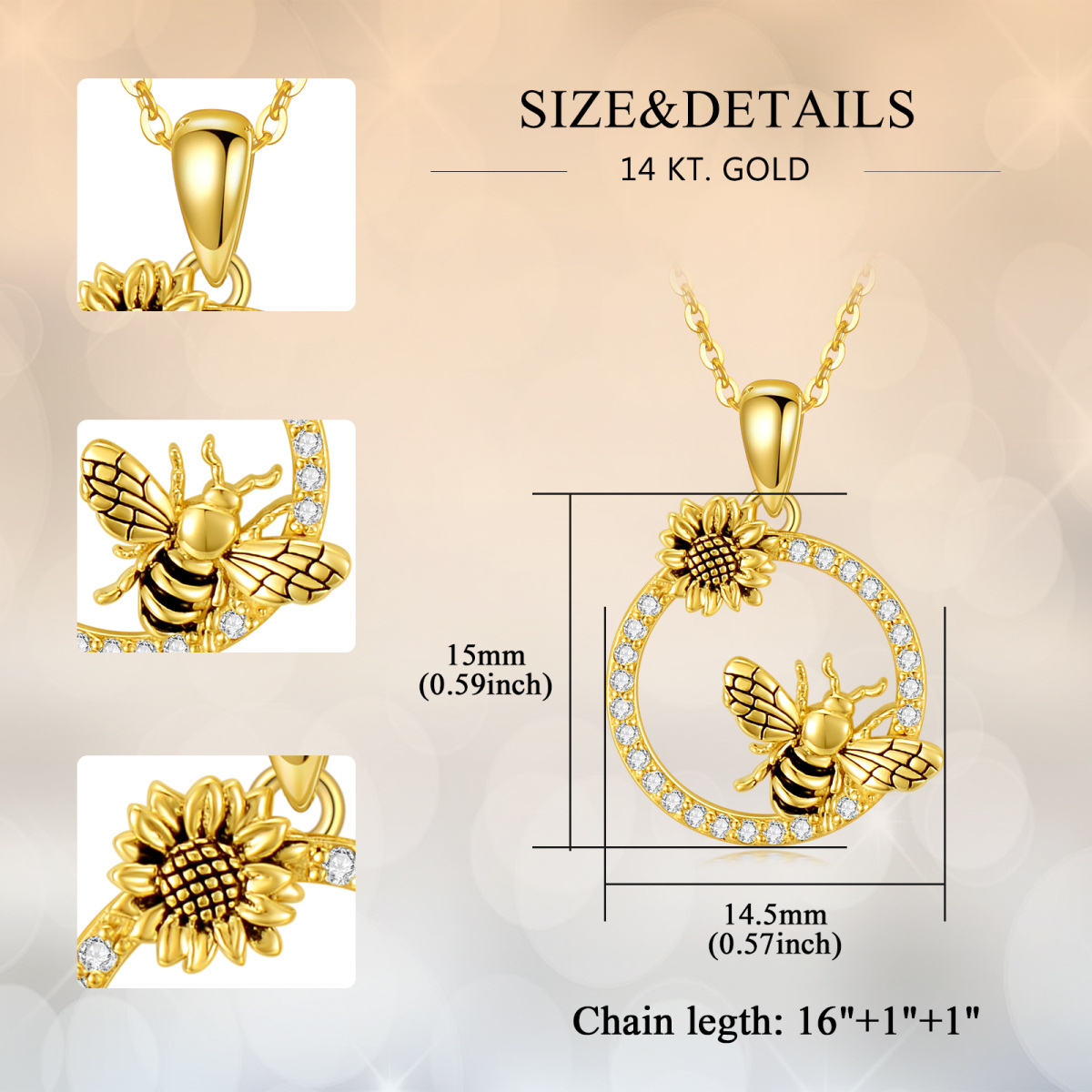 14K Gold Cubic Zirconia Bee & Daisy Pendant Necklace-6