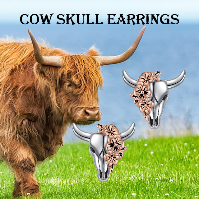 Pendientes de calavera de vaca de plata de ley con cabeza de toro occidental con flor, joyería de vaquera occidental, regalos para mujeres y niñas-5