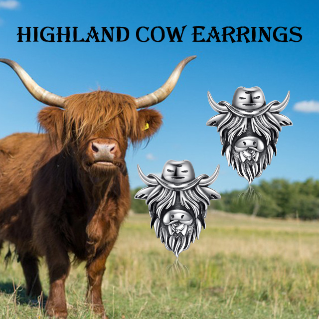 Boucles d'oreilles vache Highland en argent Sterling vache chapeau de Cowboy boucles d'oreilles bijoux occidentaux cadeaux pour femmes Cowgirl-5