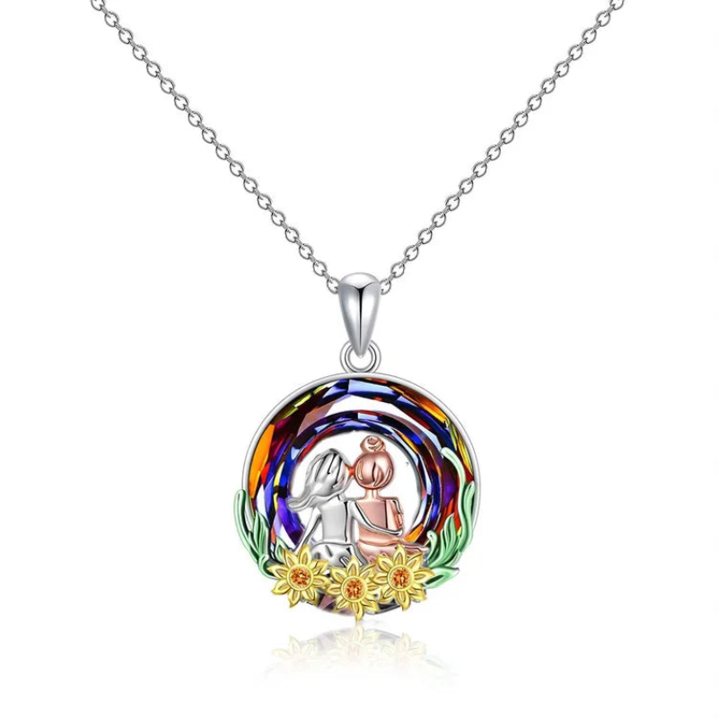 Sterling Silver Two-tone Circular Shaped Sunflower & Sisters Crystal Pendant Necklace-1