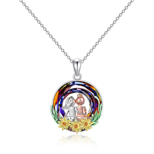 Sterling Silver Two-tone Circular Shaped Sunflower & Sisters Crystal Pendant Necklace