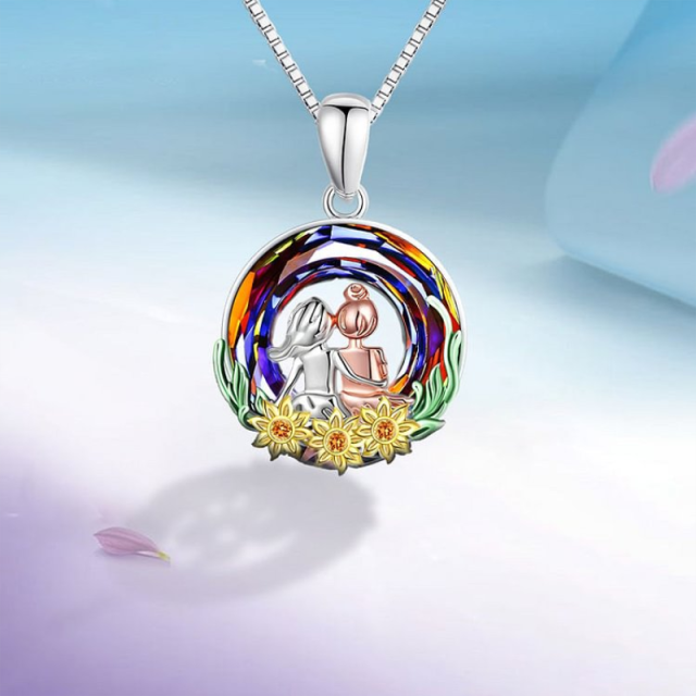 Sterling Silver Two-tone Circular Shaped Sunflower & Sisters Crystal Pendant Necklace-3