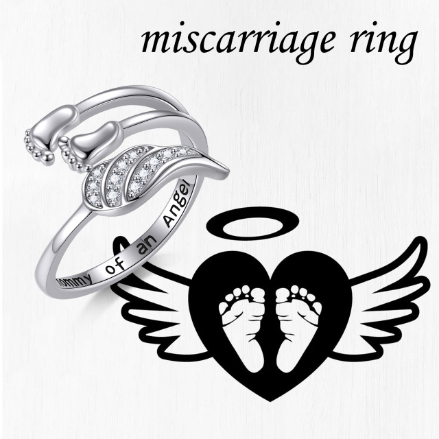Sterling Silver Cubic Zirconia Angel Wing & Footprints Open Ring with Engraved Word-3