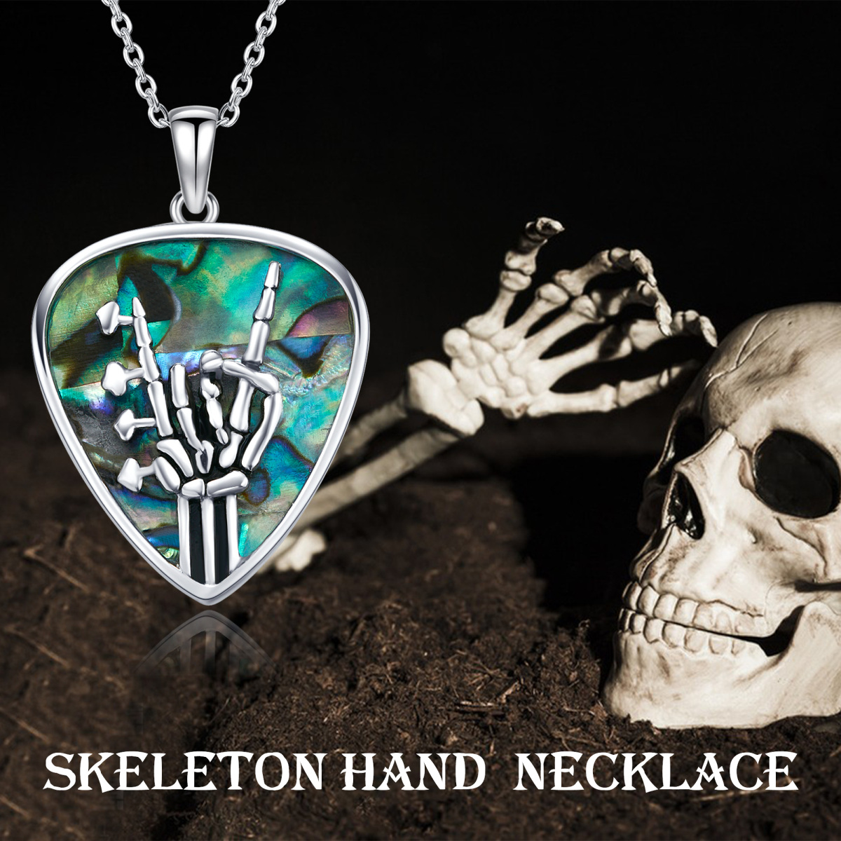 Sterling Silver Abalone Shellfish Guitar & Skeleton Pendant Necklace-6