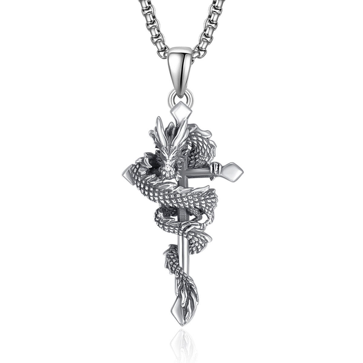 Sterling Silver Dragon & Cross Pendant Necklace-1