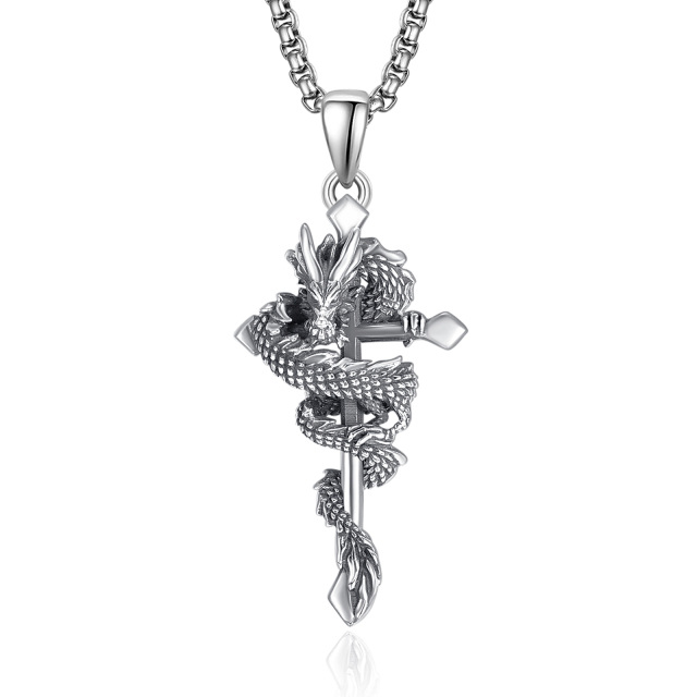 Sterling Silver Dragon & Cross Pendant Necklace-0