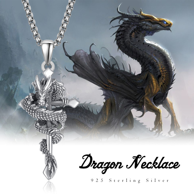 Sterling Silver Dragon & Cross Pendant Necklace-4