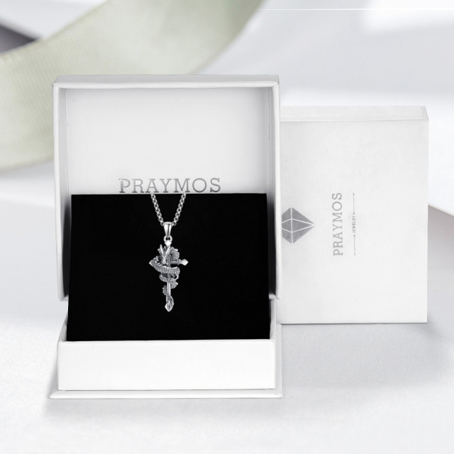 Sterling Silver Dragon & Cross Pendant Necklace-7
