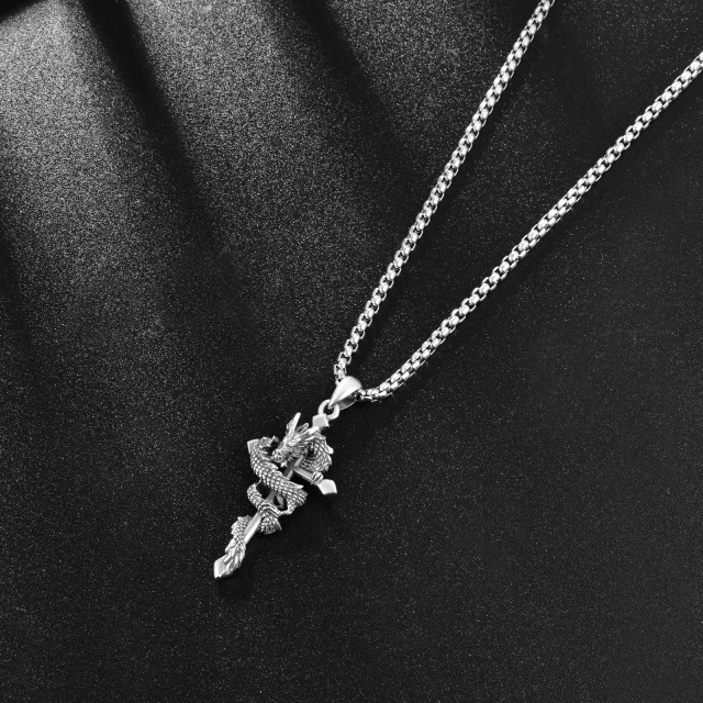 Sterling Silver Dragon & Cross Pendant Necklace-8