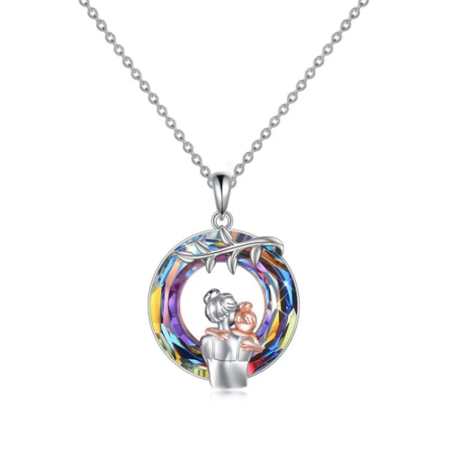 Sterling Silver Mother & Daughter Purple Crystal Pendant Necklace with Box Chain-0