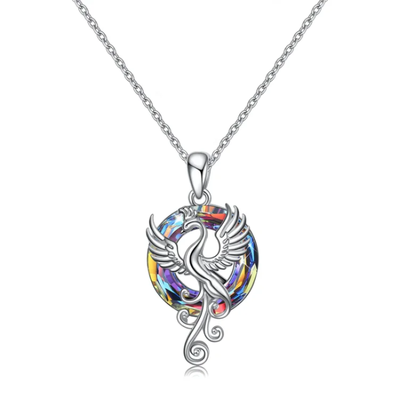 Sterling Silver Circular Shaped Flying Phoenix Crystal Pendant Necklace with Cable Chain-1