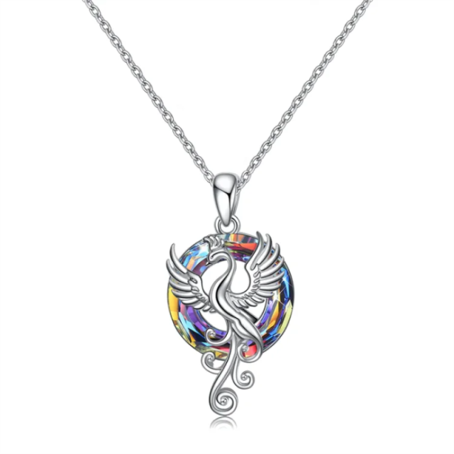 Sterling Silver Circular Shaped Flying Phoenix Crystal Pendant Necklace with Cable Chain-0