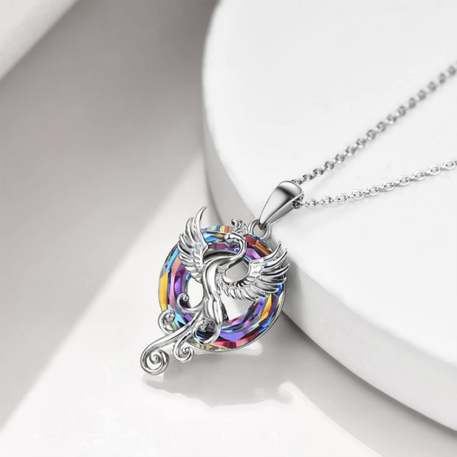 Sterling Silver Circular Shaped Flying Phoenix Crystal Pendant Necklace with Cable Chain-4