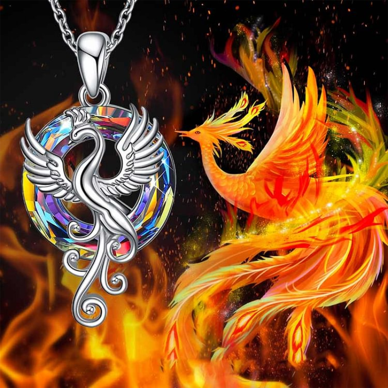 Sterling Silver Circular Shaped Flying Phoenix Crystal Pendant Necklace with Cable Chain-6