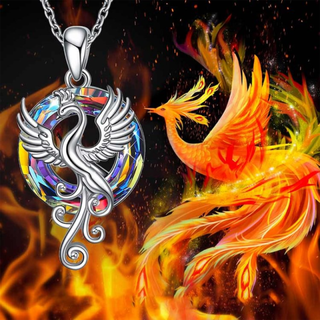 Sterling Silver Circular Shaped Flying Phoenix Crystal Pendant Necklace with Cable Chain-5