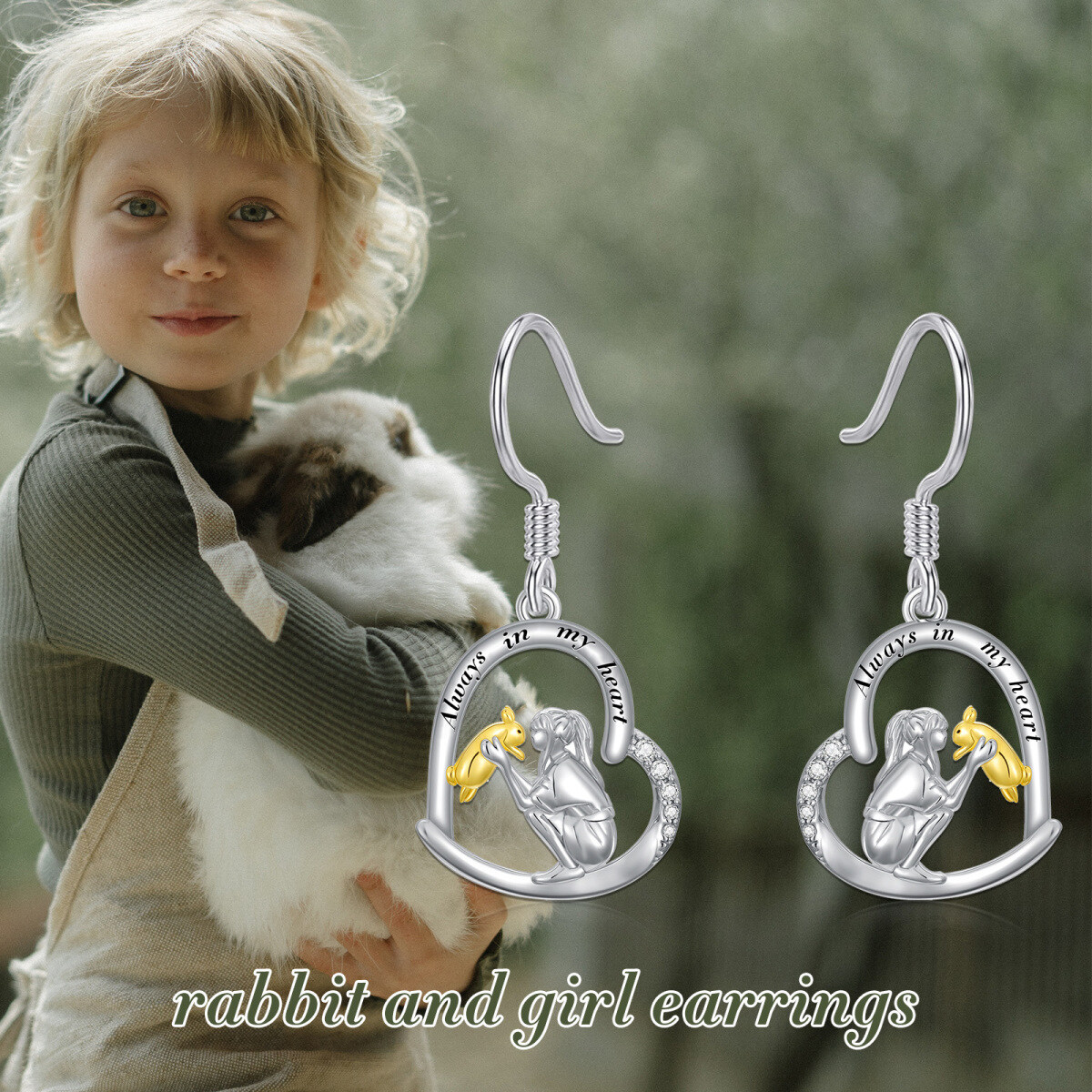 Sterling Silver Two-tone Circular Shaped Cubic Zirconia Rabbit & Heart Drop Earrings with Engraved Word-3