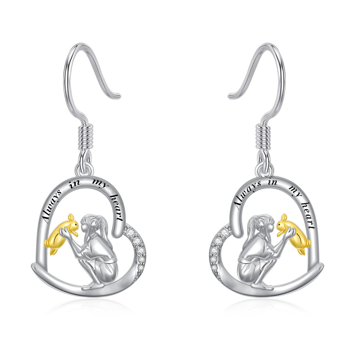 Sterling Silver Two-tone Circular Shaped Cubic Zirconia Rabbit & Heart Drop Earrings with Engraved Word-1