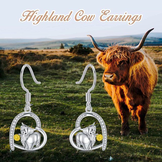 Sterling Silver Cubic Zirconia Highland Cow & Heart Drop Earrings-4