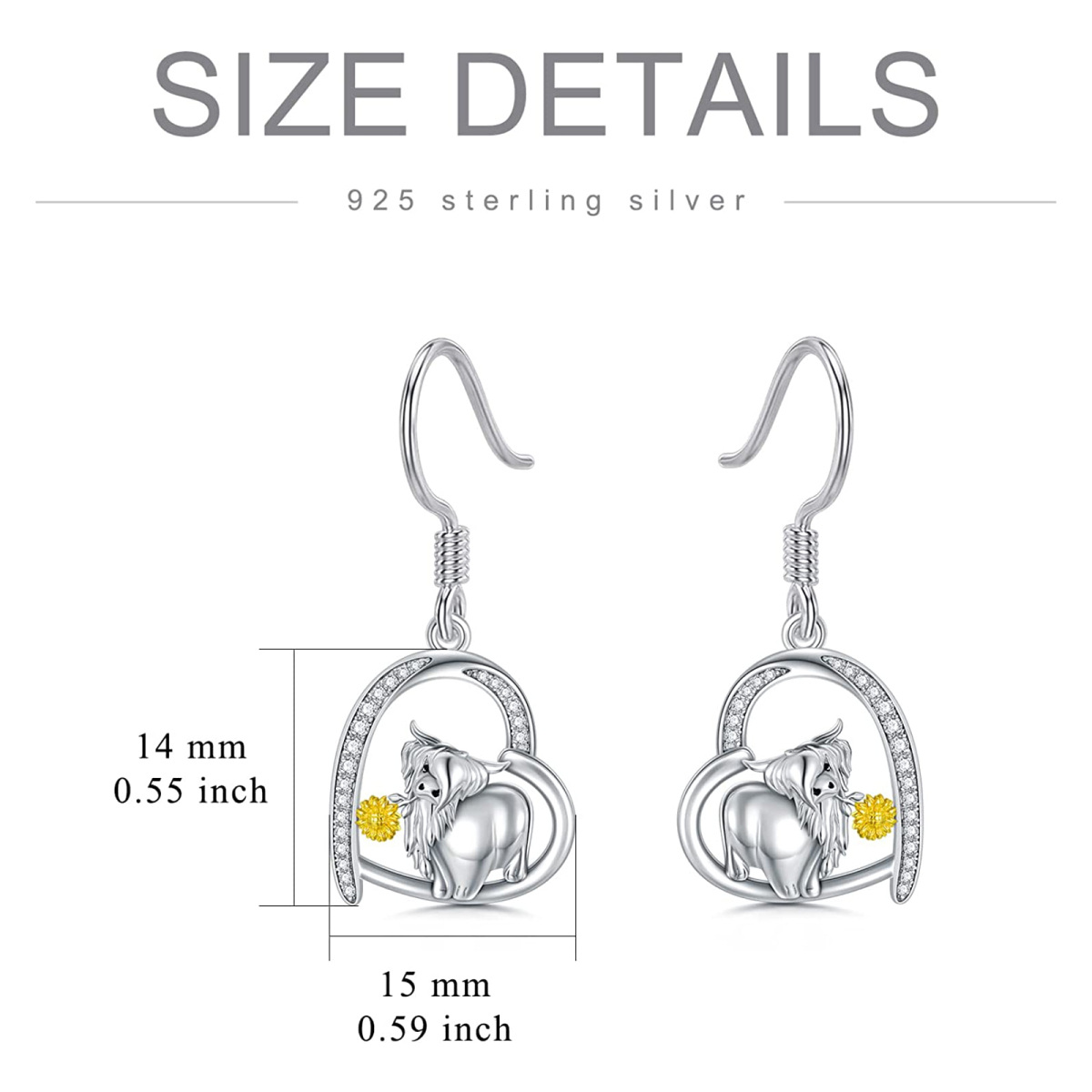 Sterling Silver Cubic Zirconia Highland Cow & Heart Drop Earrings-6