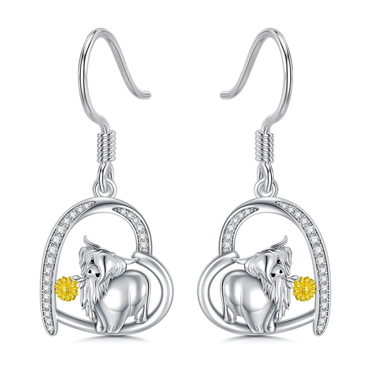 Boucles d'oreilles pendantes Highland Cow & Heart en argent cubique et zirconium-1