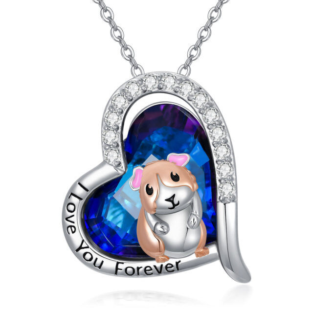 Sterling Silver Two-tone Heart Dog & Heart Crystal Pendant Necklace with Engraved Word-0