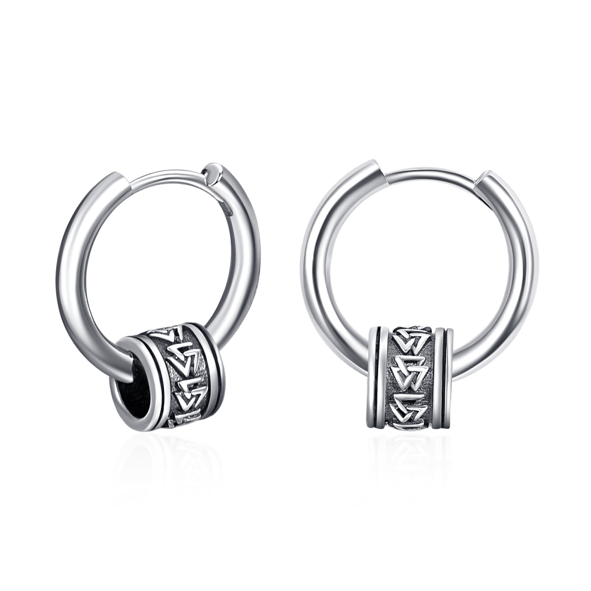 Sterling Silver Viking Rune Bead Hoop Earrings-1