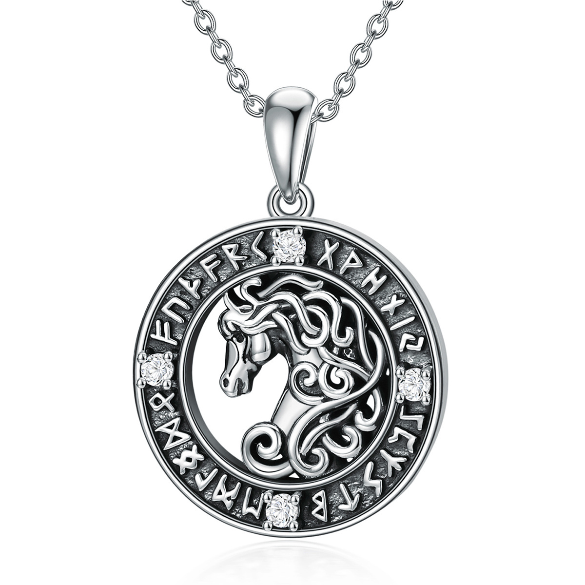 Sterling Silver Circular Shaped Cubic Zirconia Horse & Round & Viking Rune Pendant Necklace-1