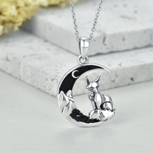 Sterling Silver with Black Rhodium Fox & Moon Pendant Necklace-4