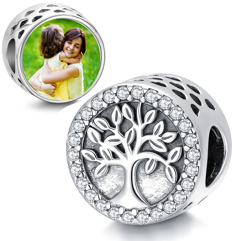 Sterling Silver Circular Shaped Cubic Zirconia Tree Of Life Bead Charm-1
