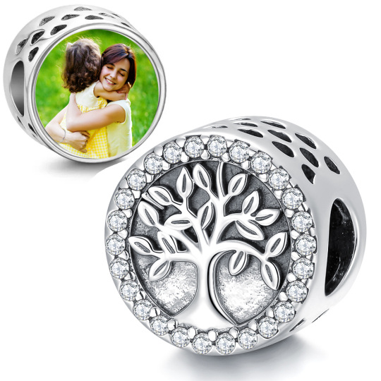 Sterling Silver Circular Shaped Cubic Zirconia Tree Of Life Bead Charm