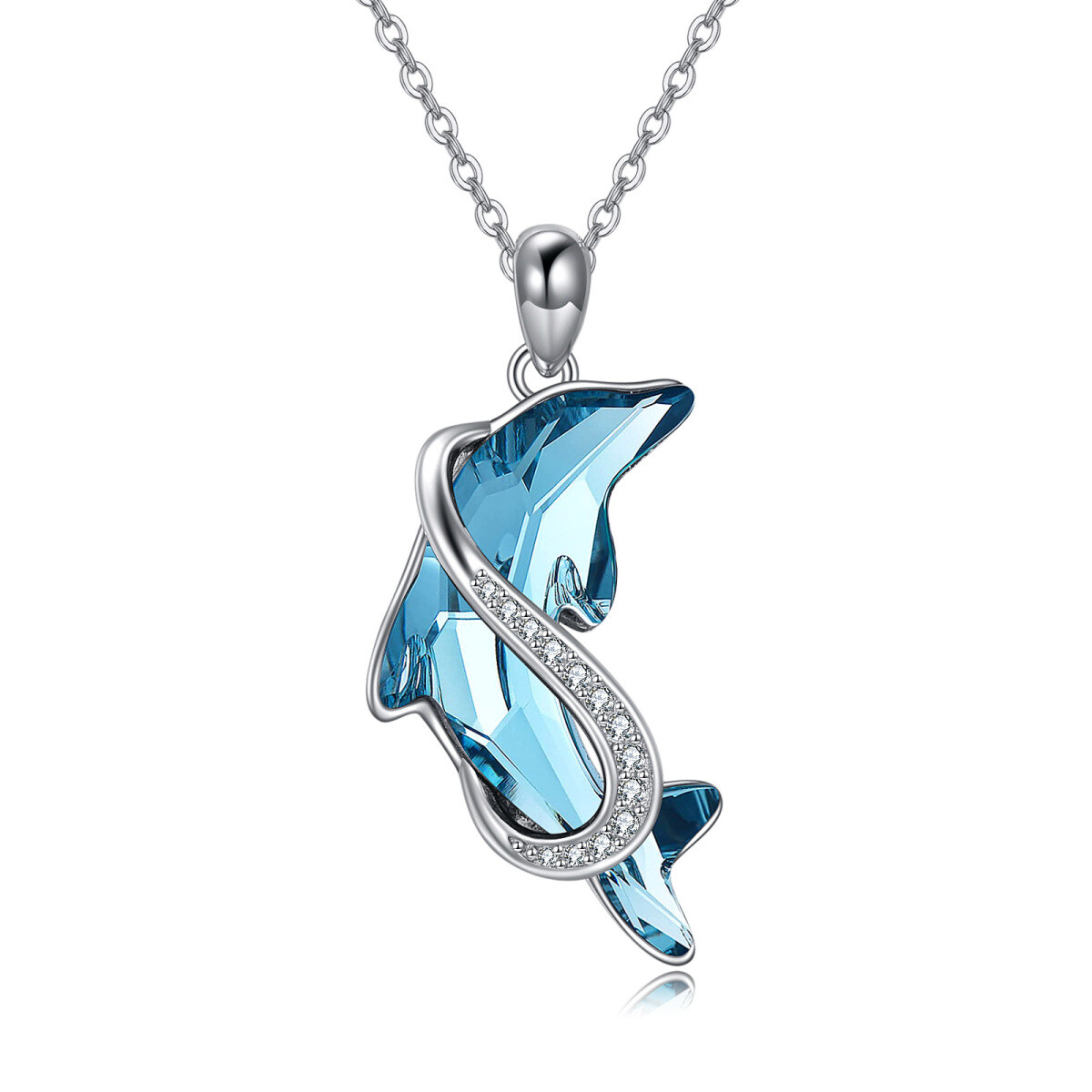 Sterling Silver Dolphin Blue Crystal Pendant Necklace-1