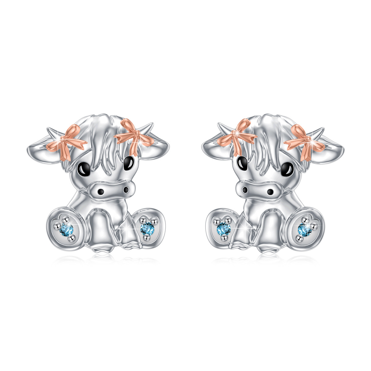 Sterling Silver Two-tone Cubic Zirconia Highland Cow Stud Earrings-1