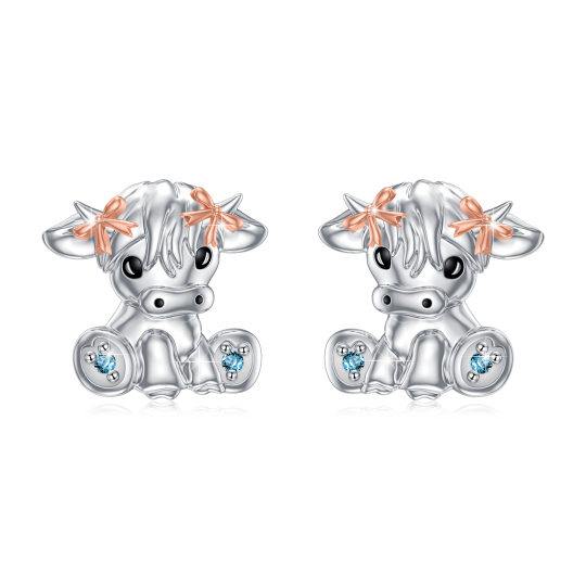 Sterling Silver Two-tone Cubic Zirconia Highland Cow Stud Earrings