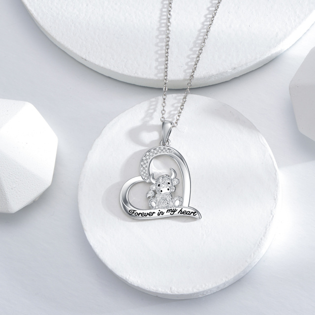 Sterling Silver Circular Shaped Cubic Zirconia Highland Cow & Heart Pendant Necklace with Engraved Word-3