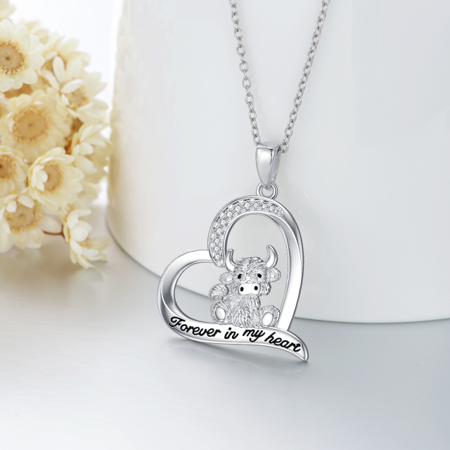 Sterling Silver Circular Shaped Cubic Zirconia Highland Cow & Heart Pendant Necklace with Engraved Word-2