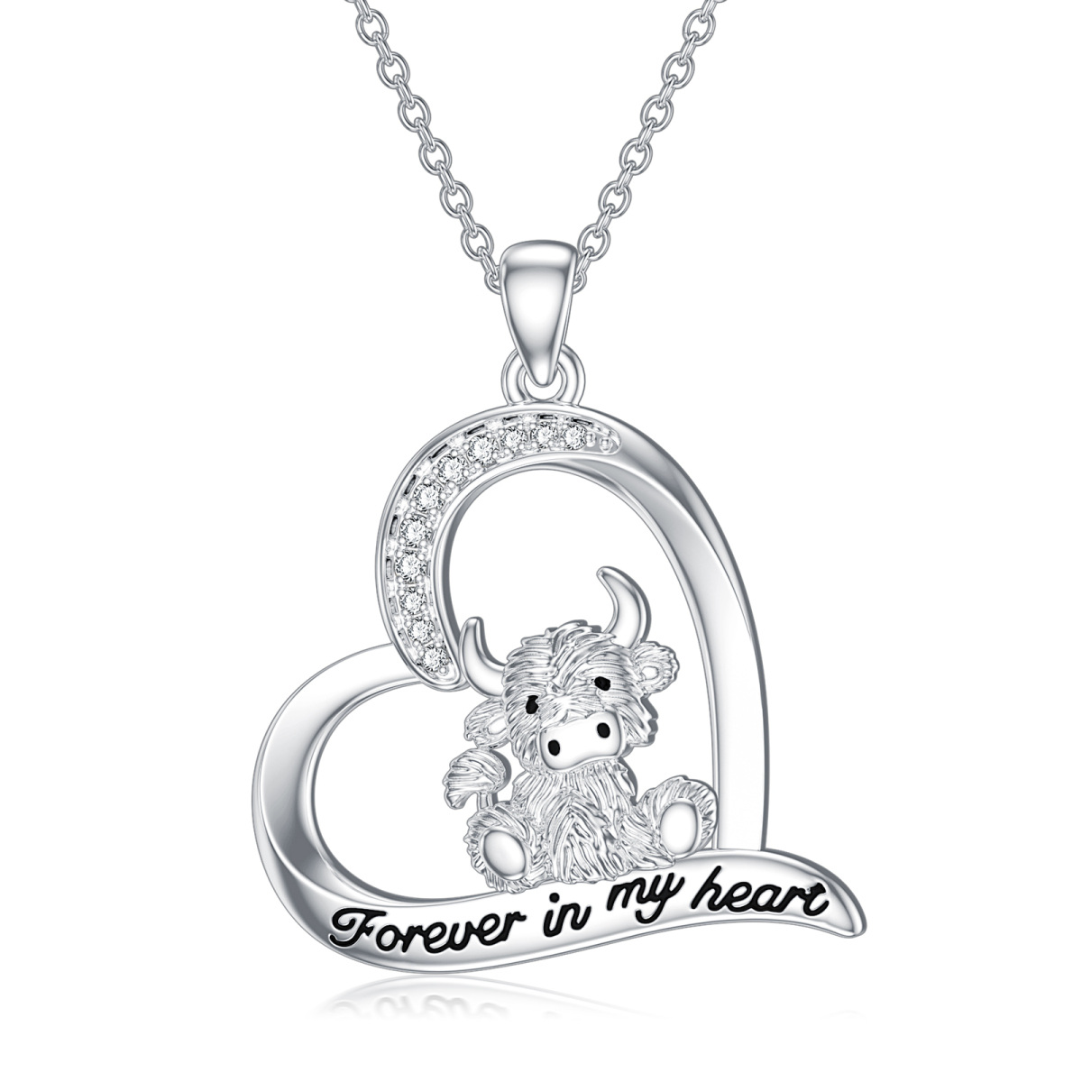 Sterling Silver Circular Shaped Cubic Zirconia Highland Cow & Heart Pendant Necklace with Engraved Word-1