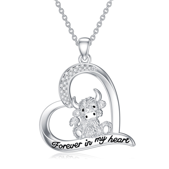 Sterling Silver Circular Shaped Cubic Zirconia Highland Cow & Heart Pendant Necklace with Engraved Word