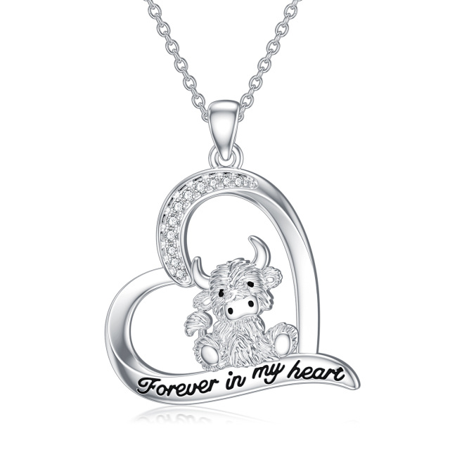 Sterling Silver Circular Shaped Cubic Zirconia Highland Cow & Heart Pendant Necklace with Engraved Word-2