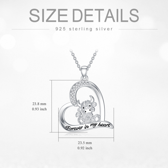 Sterling Silver Circular Shaped Cubic Zirconia Highland Cow & Heart Pendant Necklace with Engraved Word-4