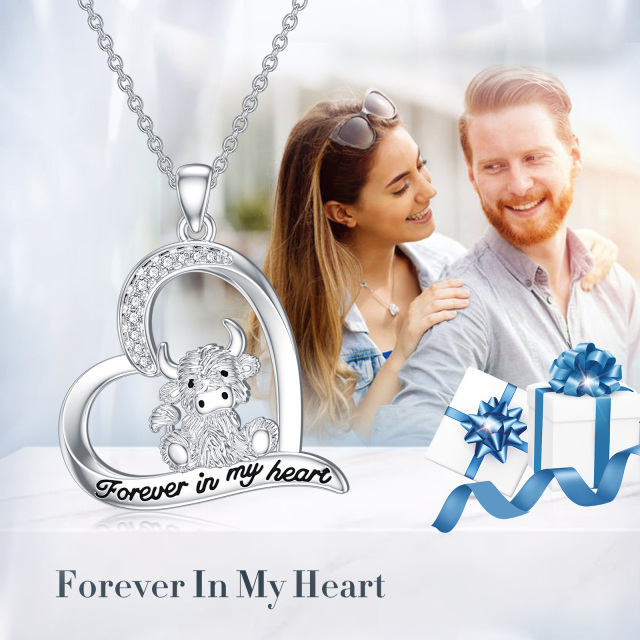 Sterling Silver Circular Shaped Cubic Zirconia Highland Cow & Heart Pendant Necklace with Engraved Word-5