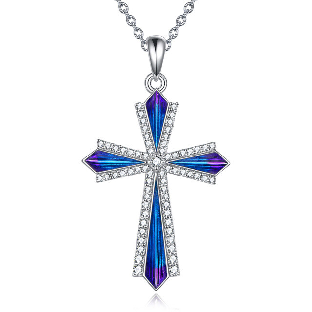 Sterling Silver Round Cubic Zirconia Cross Pendant Necklace-1