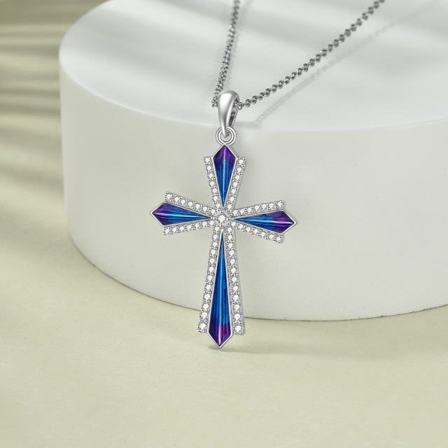 Sterling Silver Round Cubic Zirconia Cross Pendant Necklace-4